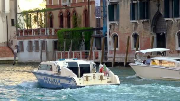 Venice 2018年7月24日 ヴェネツィアの運河沿いの警察のモーターボートに続いて 移動中のボートでイタリアのヴェネツィアの交通の間を移動します スローズームで安定したトラッキングショット — ストック動画