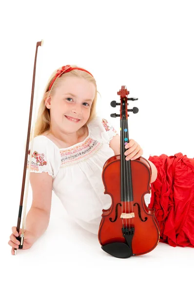 Sorrindo Jovem Loira Posa Com Violino Fundo Estúdio Branco — Fotografia de Stock