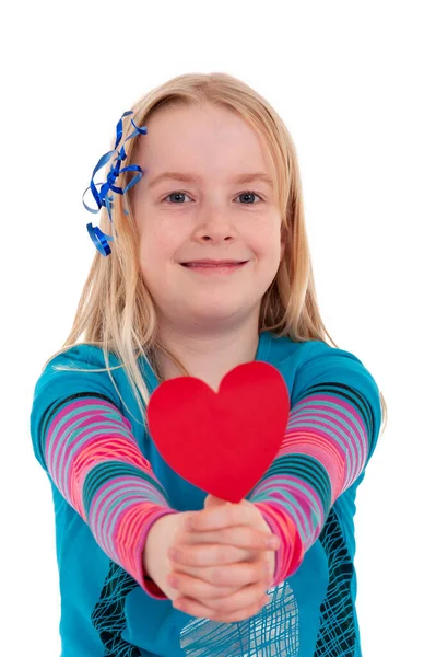 Young Blonde Girl Holding Red Heart Out Front Isolated White — Stock Photo, Image