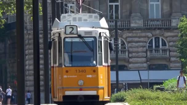 Budapest Août 2018 Zoom Gros Plan Tramway Traversant Place Kossuth — Video
