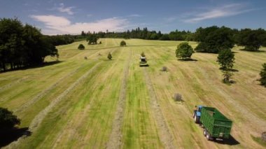 Bir traktörün hava drone görüntüsü boş bir römorku tarlı bir hasat aracına doğru çekiyor. Sulak için çim biçmeye hazır.