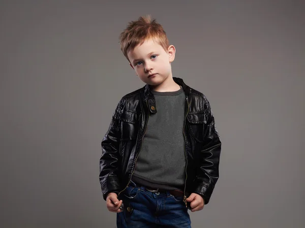 Fashionable child in leather coat.stylish little boy — Stock Photo, Image