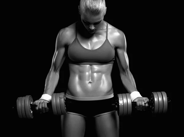 Dumbbells.beautiful 근육 금발 여자와 체육 보디 여자 — 스톡 사진