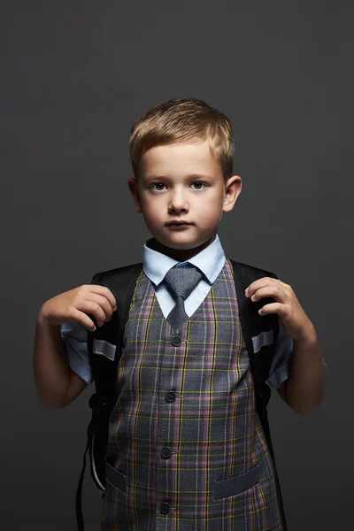 Schoolboy with knapsack.stylish funny child in suit and tie — Stock Photo, Image