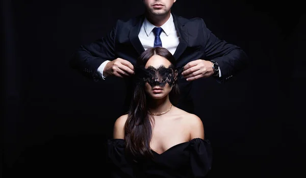 Beautiful Woman Mask Man Suit Couple Black Background Adorable Elegant — Stock Photo, Image