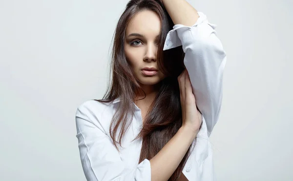 Beautiful Brunette Girl Fashion Beauty Portrait Beautiful Woman White Studio — Stock Photo, Image