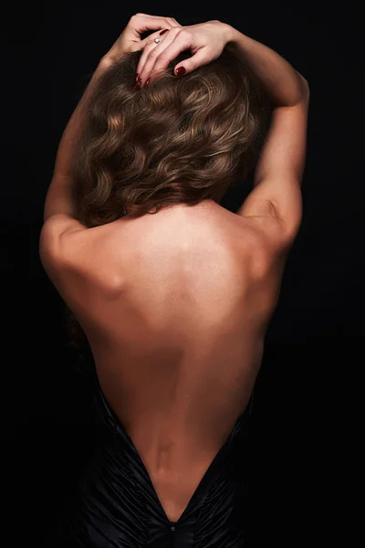 Beautiful Back Young Woman Black Sexy Dress Luxury Beauty Brunette — Stock Photo, Image