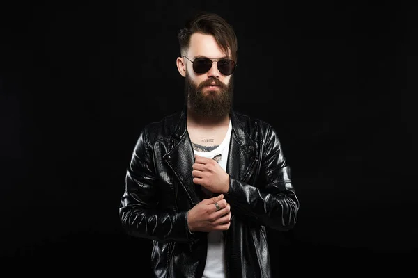 Fashionable Tattooed Handsome Man Sunglasses Brutal Bearded Sexy Boy Leather — Stock Photo, Image