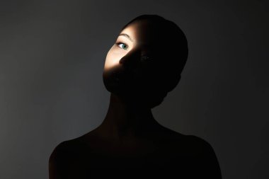 Karanlıktaki güzel kız. Yüzünde gölge olan genç bir kadın.