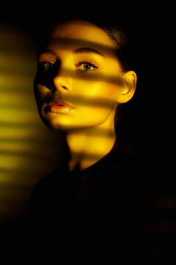 Gün batımı ışığı güzel kızın yüzündeki perdelerin arasından düşüyor. Gölgedeki şehvetli genç kadın