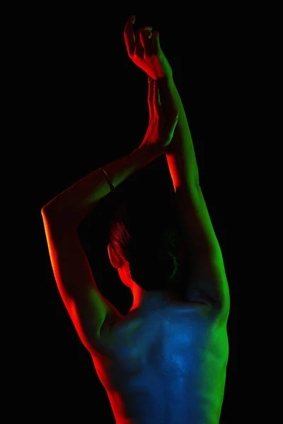 Γυναίκα Πίσω Γυμνή Γυναίκα Πολύχρωμα Φωτεινά Φώτα Όμορφη Γυμνή Σιλουέτα — Φωτογραφία Αρχείου