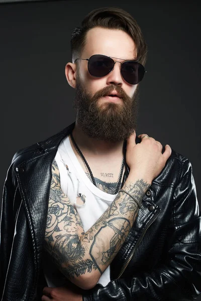 Fashionable Handsome Man Sunglasses Brutal Bearded Sexy Boy Leather Coat — Stock Photo, Image