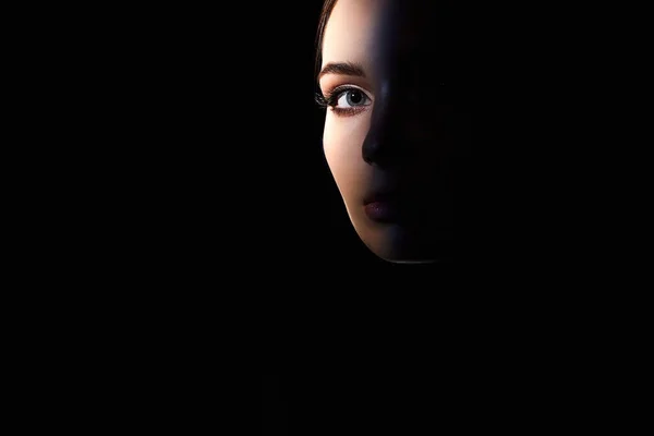 Beautiful Woman Eye Looking Dark Pretty Young Woman Face Part — Stock Photo, Image