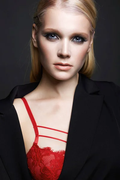 Fashionable Beautiful Girl Blond Hair Weared Red Underwear Beauty Fashion — Stock Photo, Image