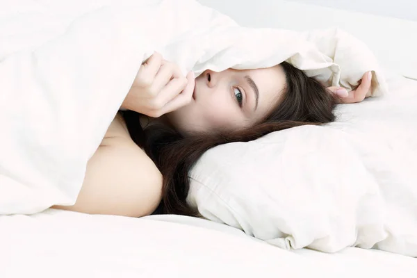 Lifestyle Portrait Happy Girl Bed Beautiful Sensual Woman White Morning — Stock Photo, Image