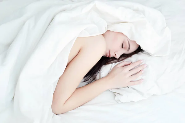 Lifestyle Portrait Cute Girl Sleeping Bed Beautiful Sensual Woman White — Stock Photo, Image