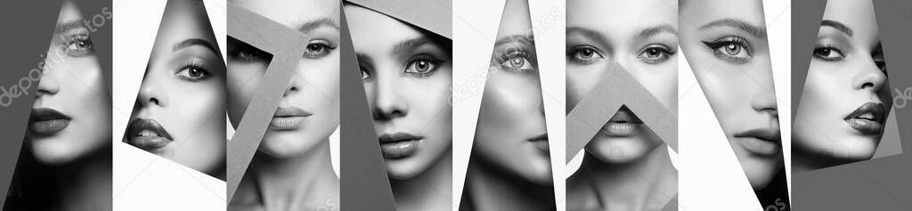 Black and white collage. young beautiful women. female faces with makeup into color paper hole. make-up artist concept
