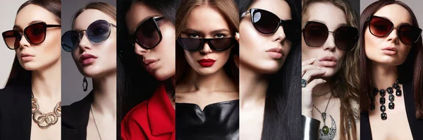 Kobiece Twarze Kolaż Pięknych Kobiet Okularach Przeciwsłonecznych Piękne Nastolatki Trend — Zdjęcie stockowe