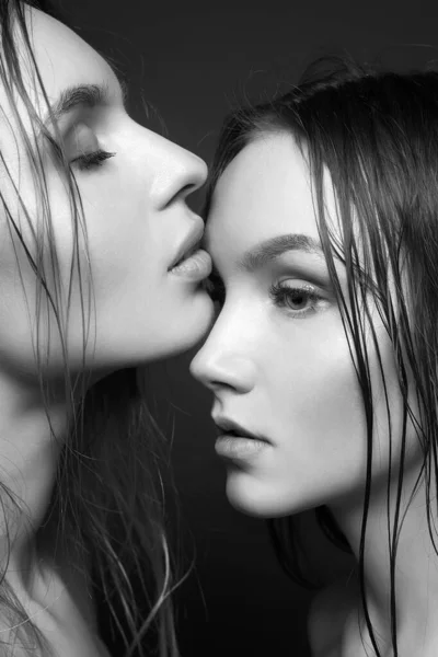 Дві Красиві Дівчата Цілуються Прекрасна Пара Жіноче Лайно Чорно Біле — стокове фото