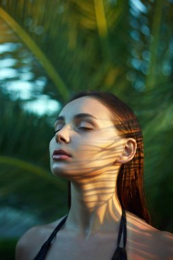 Gün batımında palmiye yapraklı güzel yaz kızı. Palmiye ağacının altında bikinili genç bir kadın. Güzellik Portresi