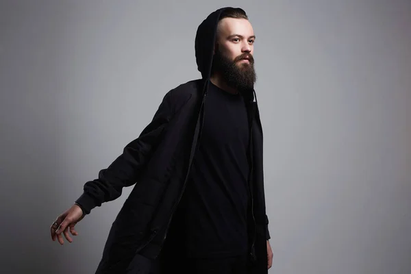 Fashionabla Man Huva Skäggig Stilig Pojke Snygg Hipster — Stockfoto