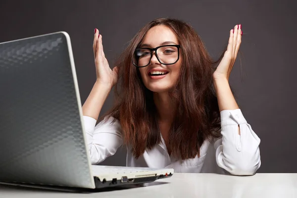 Young Business Woman Smiling Girl Glasses Funny Student Girl Computer — Foto de Stock