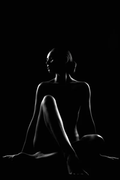 女性のシルエット 暗闇の中でヌード女性 美しいセクシーな裸のボディガール 白黒の肖像画 — ストック写真