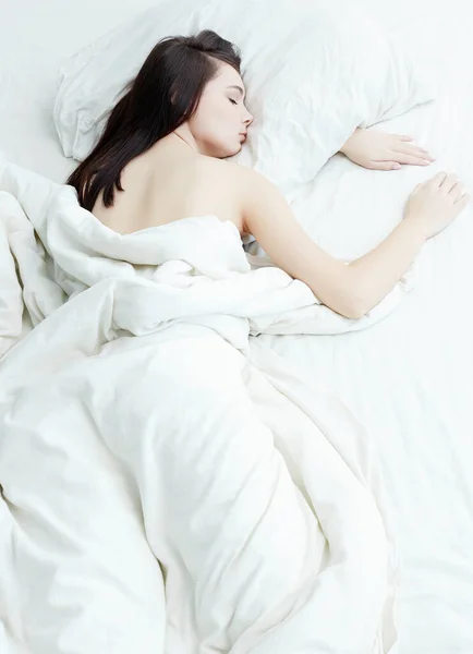 Lifestyle Portrait Sweet Girl Sleeping Bed Beautiful Sensual Woman White — Stock Photo, Image