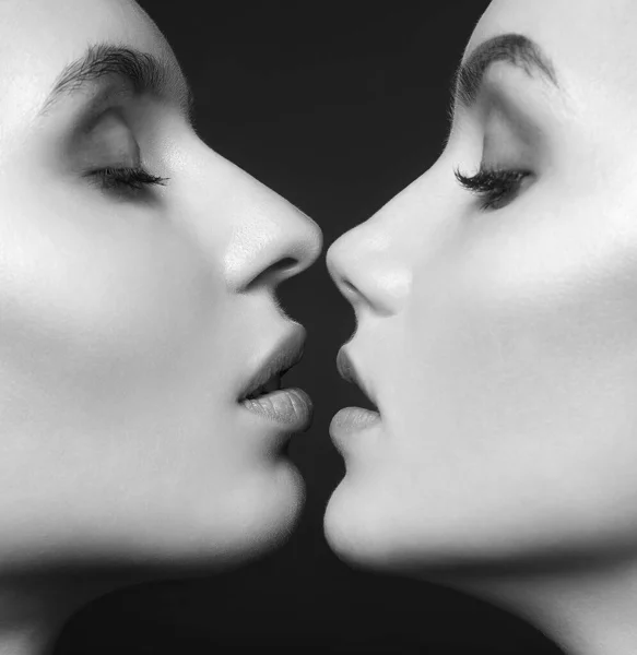两个漂亮的亲吻女孩 年轻女性情侣的性感之吻黑白肖像画 — 图库照片