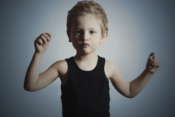 Dancing Child. Funny Little Boy.Handsome Boy try to dance. Blue background — Stock Photo, Image