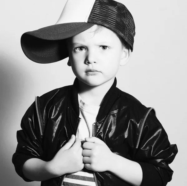 Monochrome portrait of Fashionable Child.stylish little boy in tracker Cap.fashion children — Stock Photo, Image