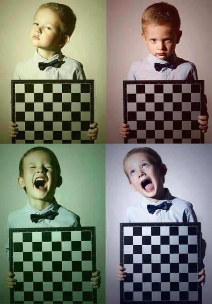 Colagem de cor de beleza. Foto de moda de menino com tabuleiro de xadrez. Emoção — Fotografia de Stock