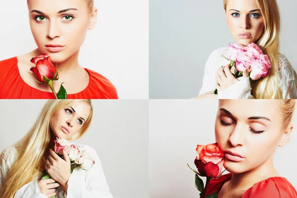 Moda kolaj. Güzel genç kadın grubu. Flowers.beautiful sarışın kadınla rose.girls ve gül ile şehvetli kız — Stok fotoğraf