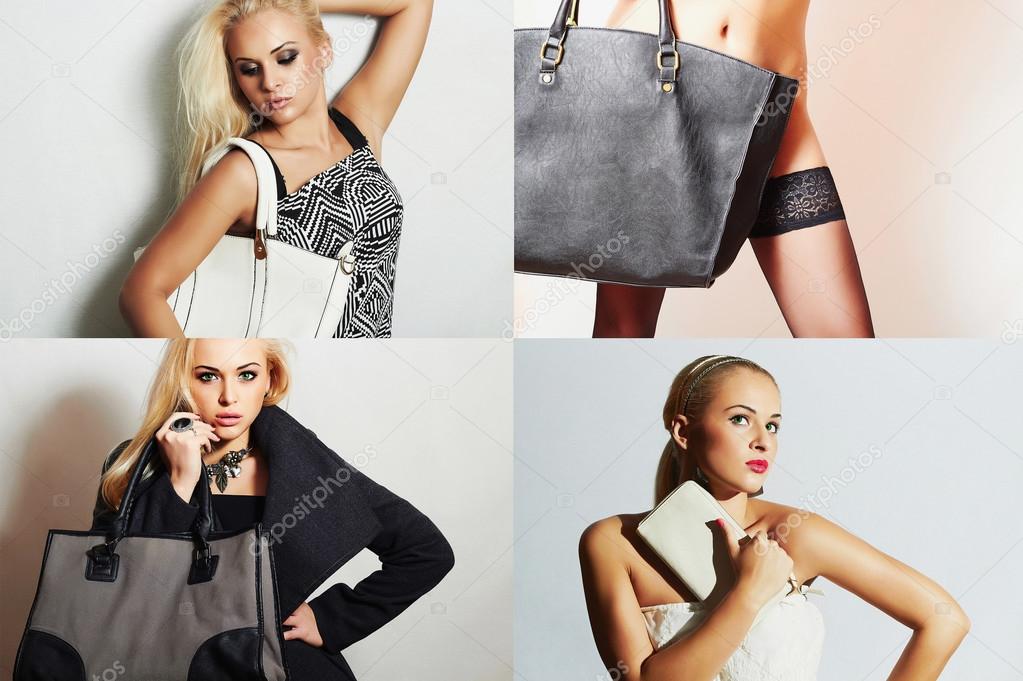 Fashion collage.Group of beautiful young women. girls with handbag.Beautiful blond woman.Stylish girl with white clutch.Spring Shopping
