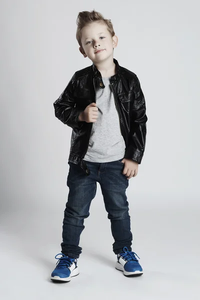 Fashionable child in leather coat.little boy — 图库照片