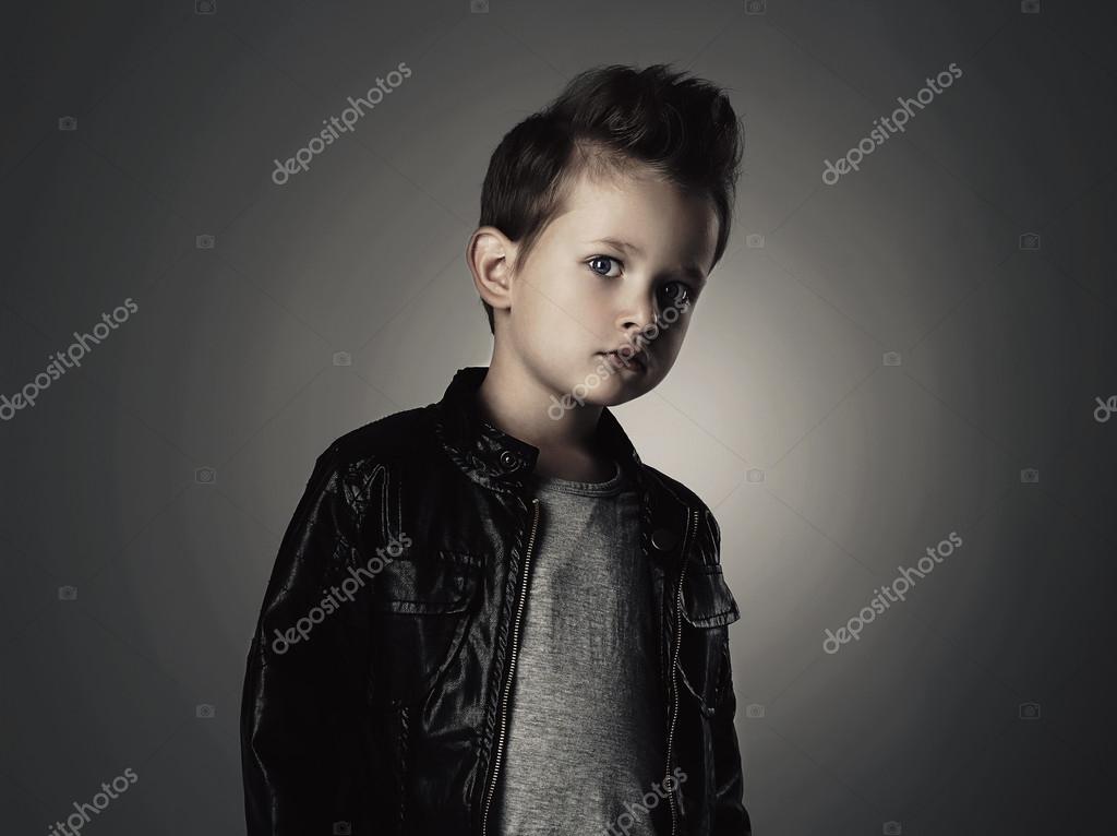 Handsome Boy With Trendy Hairstyle Fashionable Child In Leather