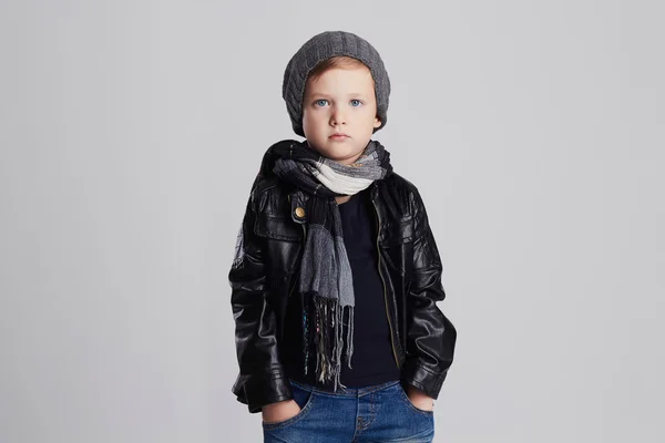 Handsome boy in scarf.Funny child in hat.fashionable little boy — Stock Photo, Image