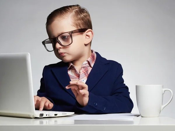 Young boy hacking into the system. funny genius kid in glasses. little hacker — Stock Photo, Image