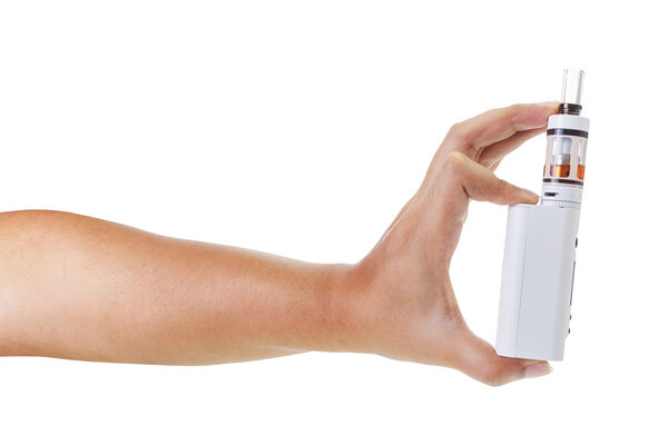 man hand holding an electronic cigarette isolate on white background