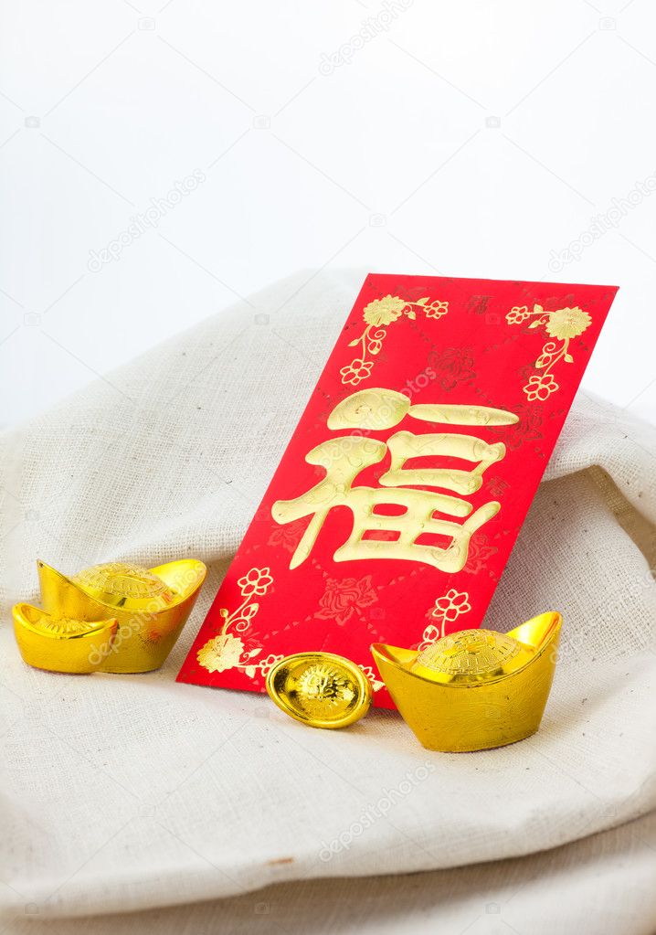Chinese new year festival decorations on white background, red packet or ang pow with Chinese letter 