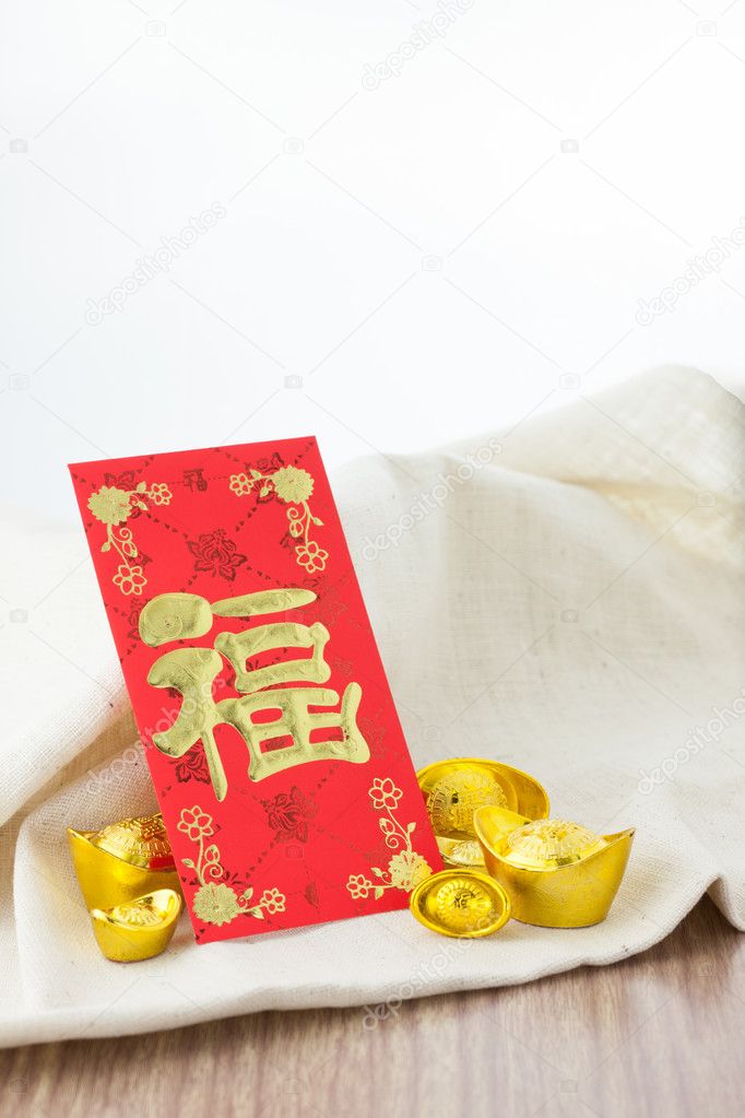Chinese new year festival decorations on white background, red packet or ang pow with Chinese letter 