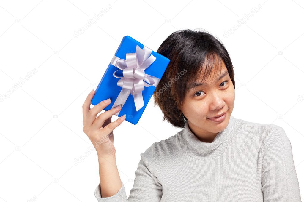 Woman Short Hair Hold Wrapped Gift Box Isolated Over White