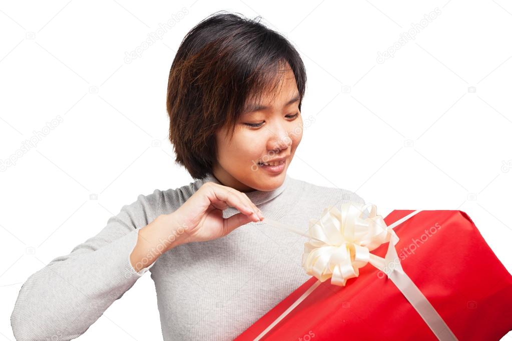 Woman Short Hair Hold Wrapped Gift Box Isolated Over White