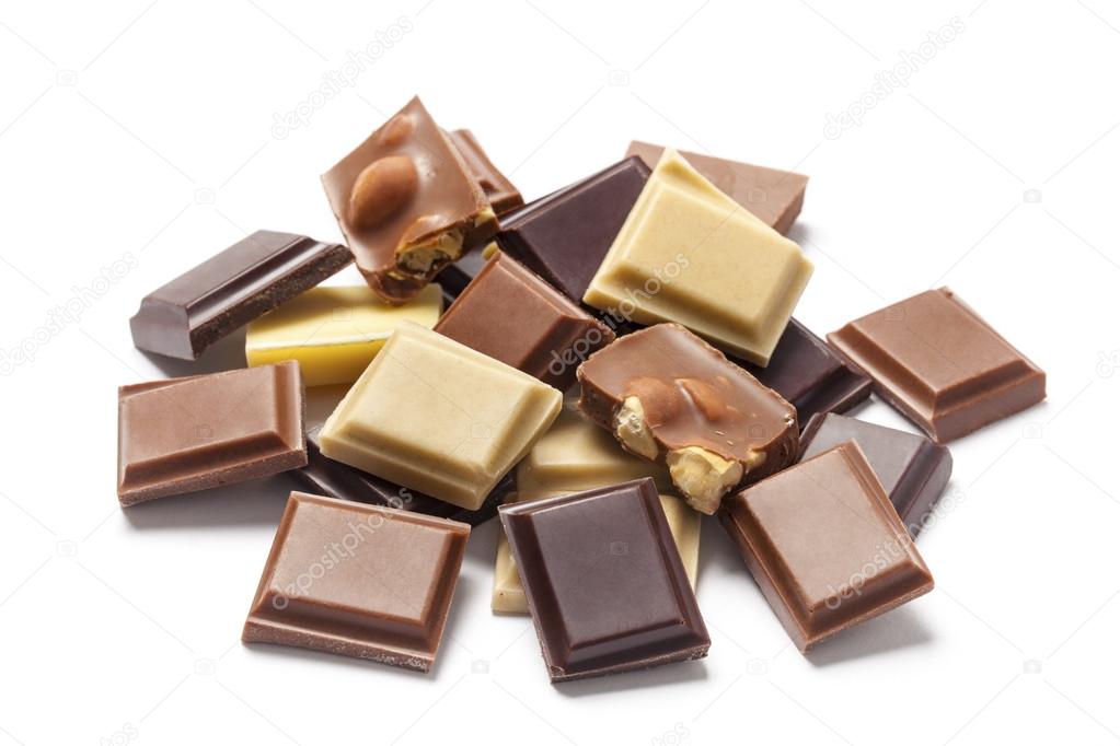Various Chocolate Pieces on White