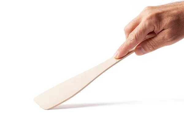 Trä Matlagning Spatel Mänsklig Hand Isolerad Vitt Bild Med Klippbana — Stockfoto