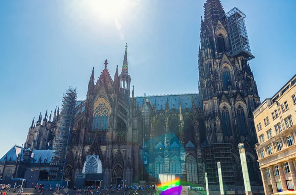 Cologne Cathedral Roman Catholic Church of Saint Peter gothic architectural style building with two huge spires in historical city centre, sunny summer day, North Rhine-Westphalia, Germany