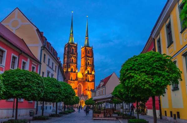 Street Cobblestone Road Green Trees Colorful Buildings Cathedral John Baptist — Stock Photo, Image