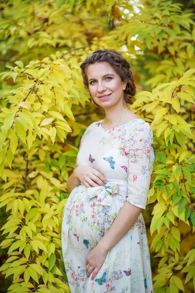 Těhotná žena na podzim — Stock fotografie