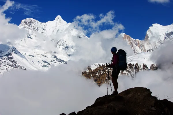 Senderista en la caminata en Himalaya, Valle de Annapurna, Nepal — Foto de Stock