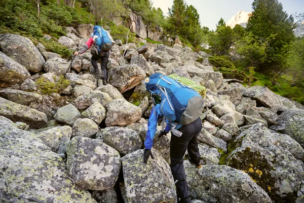 Los excursionistas están escalando la ladera rocosa de la montaña en las montañas de Altai , —  Fotos de Stock